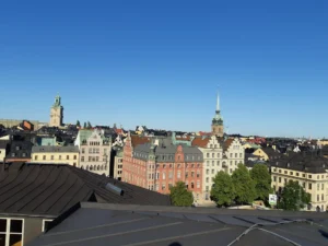 Översikt över centrala Stockholm, fotograferat från tak.